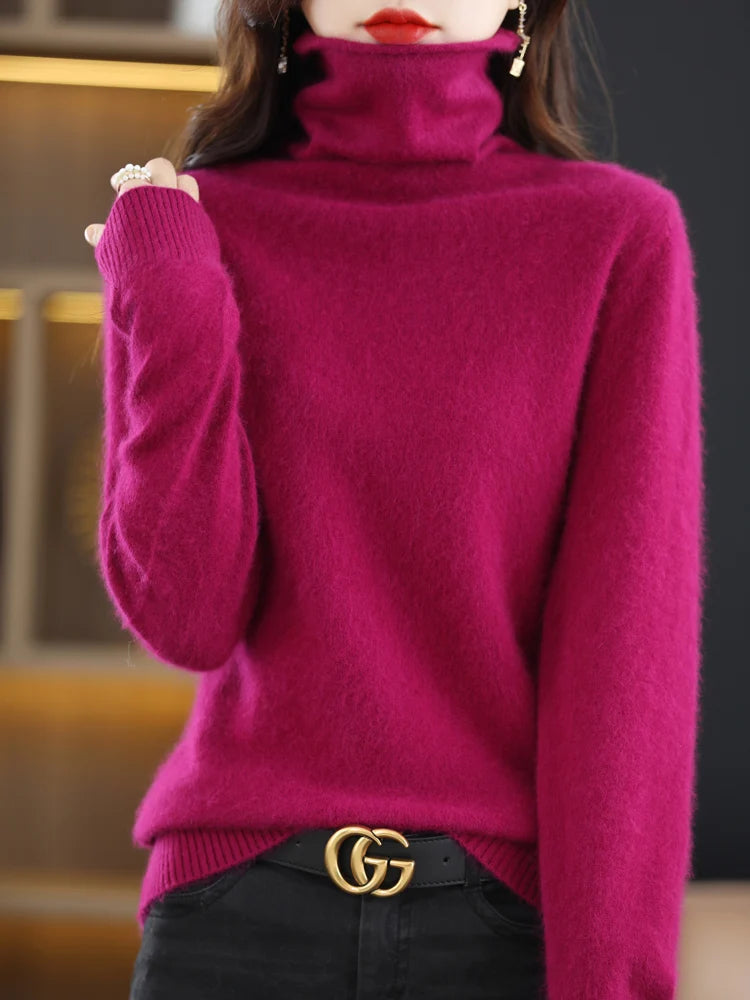 Women's Pile Collar 100% Mink Cashmere Sweater Winter High Collar Knitted Pullover Casual Short Thick Tops Loose Warm Base Shirt