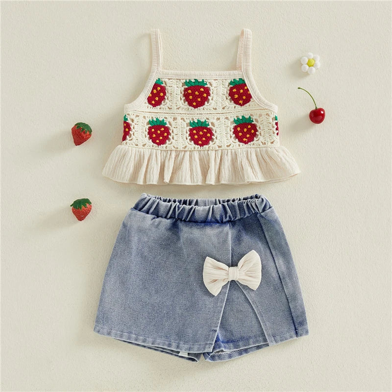 Toddler Kids Girls Clothing Set Strawberry Crochet Cami Tops and Bow Denim Skorts Jeans Outfits Set Clothes Children's Set