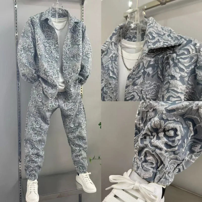 Men's casual collar jacquard shirt and pants two-piece set, spring and autumn new fashion and handsome set, complete set