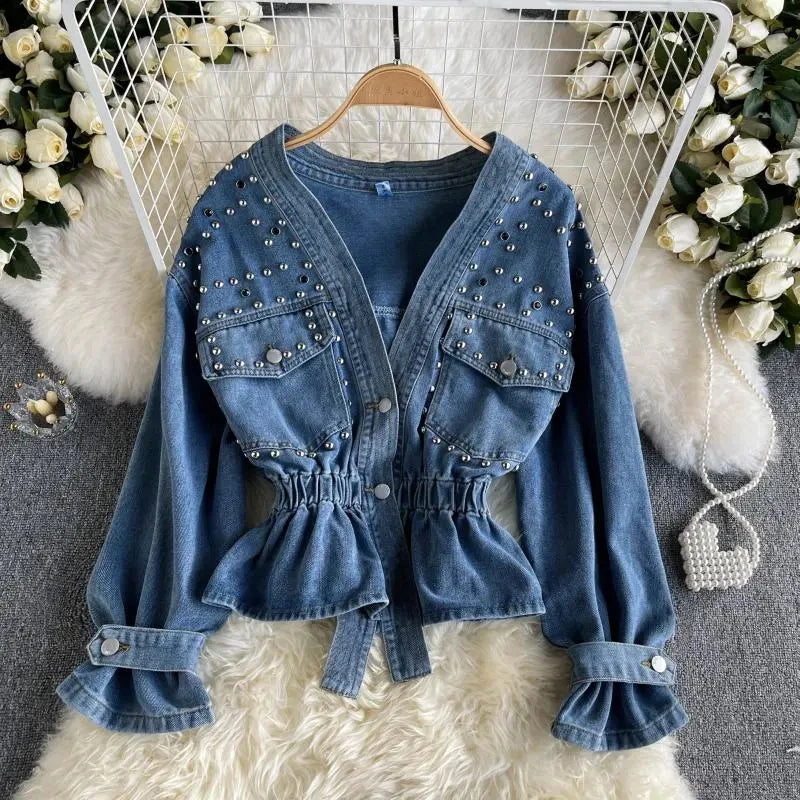 Design Inspired Denim Jacket For women 2026 Spring Autumn New Heavy Industry diamond Studded Nail bead Slimming Long sleeved Top