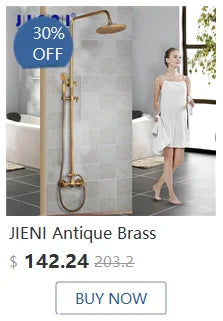 JIENI Bathroom Thermostatic Shower Faucet Set Antique Brass Wall Mounted Rainfall Shower Head W/ Single Handle Control Mixer Tap