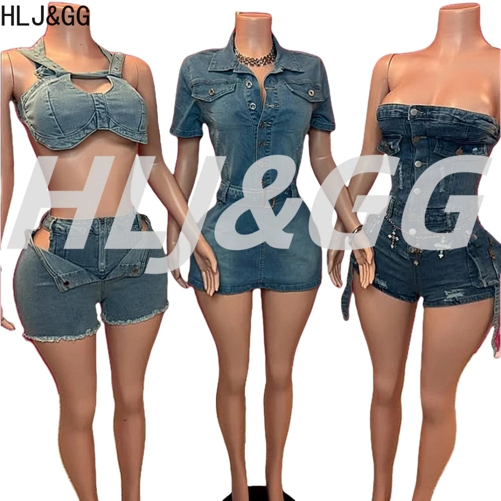 HLJ&GG Blue Denim Fashion Hollow Out Shorts Two Piece Sets Women Sleeveless Backless Bandage  Crop Top And Shorts Cowboy Outfits