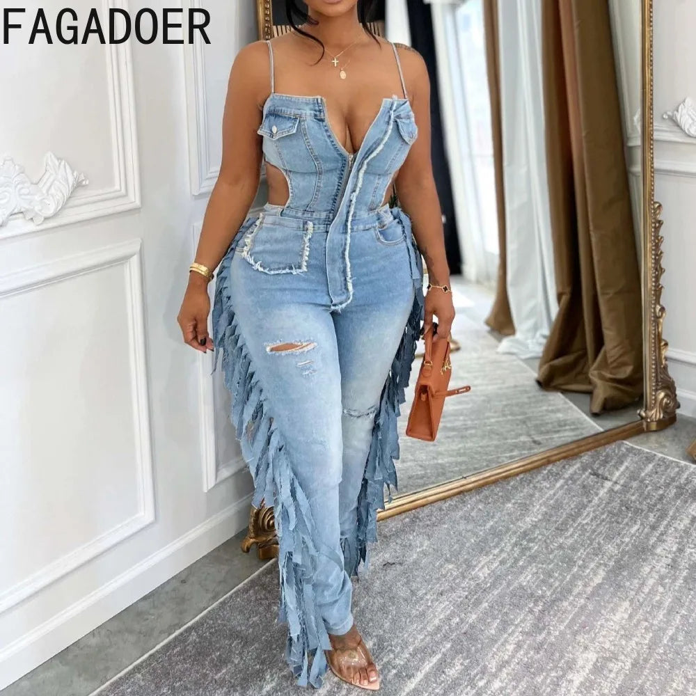 FAGADOER Fashion Hollow-out Bodycon Denim Jumpsuit Women Spaghetti Strap Tassel Patchwork Rompers Female Streetwear Overalls New