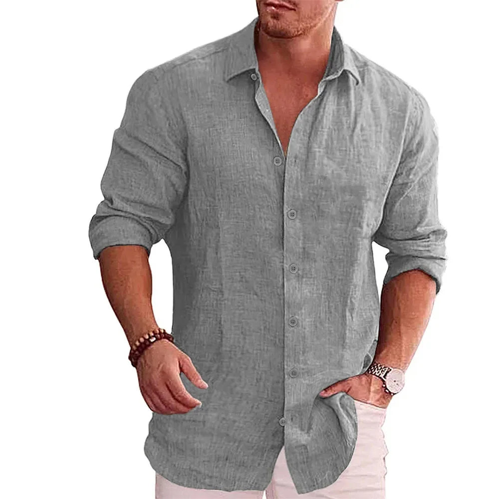 Autumn Hot Sale Men's Long Sleeve Shirt Cotton Linen Breathable Solid Color Casual Style Plus Size Dailywear Men's Linen Shirt