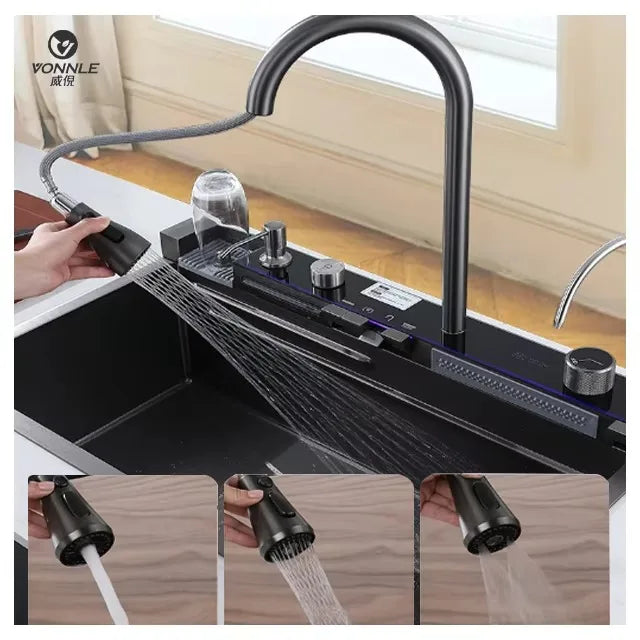 LED Factory 304 Stainless Steel Anti-Scratch Kitchen Sink Multifunction LED Digital Display Pull-Out Faucet Single Bowl Design