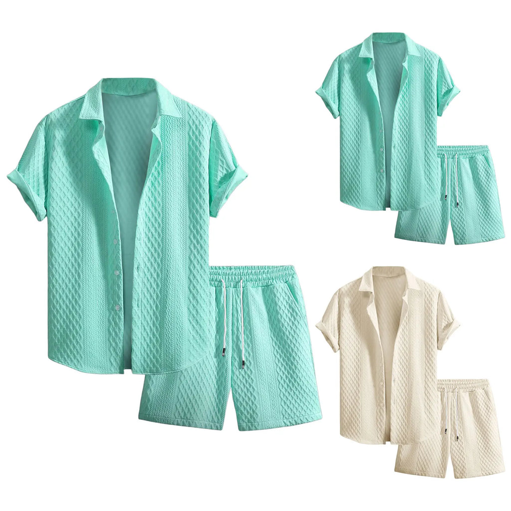 2025 Men'S Clothing Casual Two Piece Set Loose Plus Size Solid Button Down Short Sleeve Shirt & Elastic Waist Belted Shorts Suit