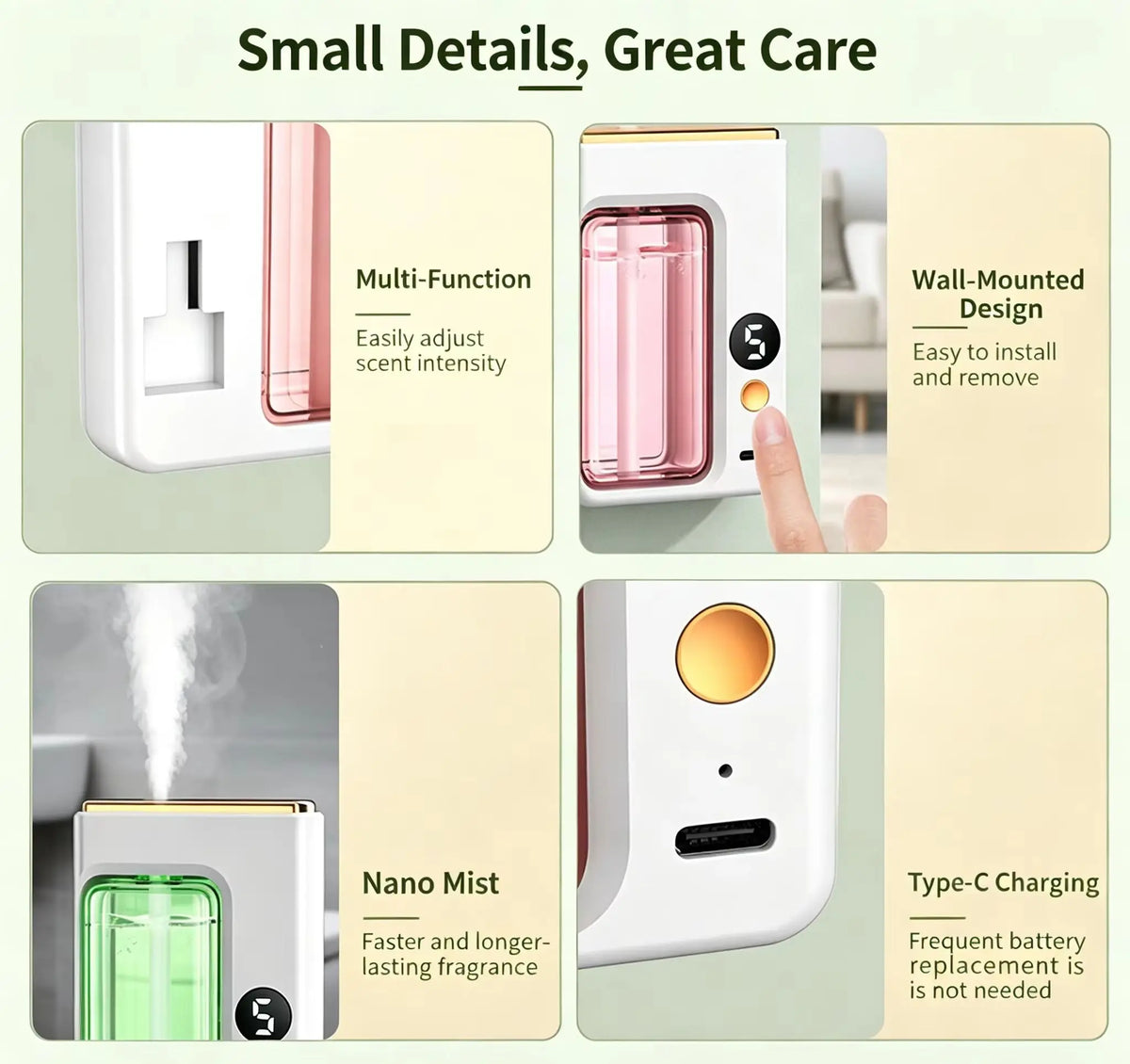 HOMEFISH Type-C Rechargeable Automatic Aroma Diffuser with 5-Level Timed Mist Sprayer Built-in Battery for Home Bathroom Car Use