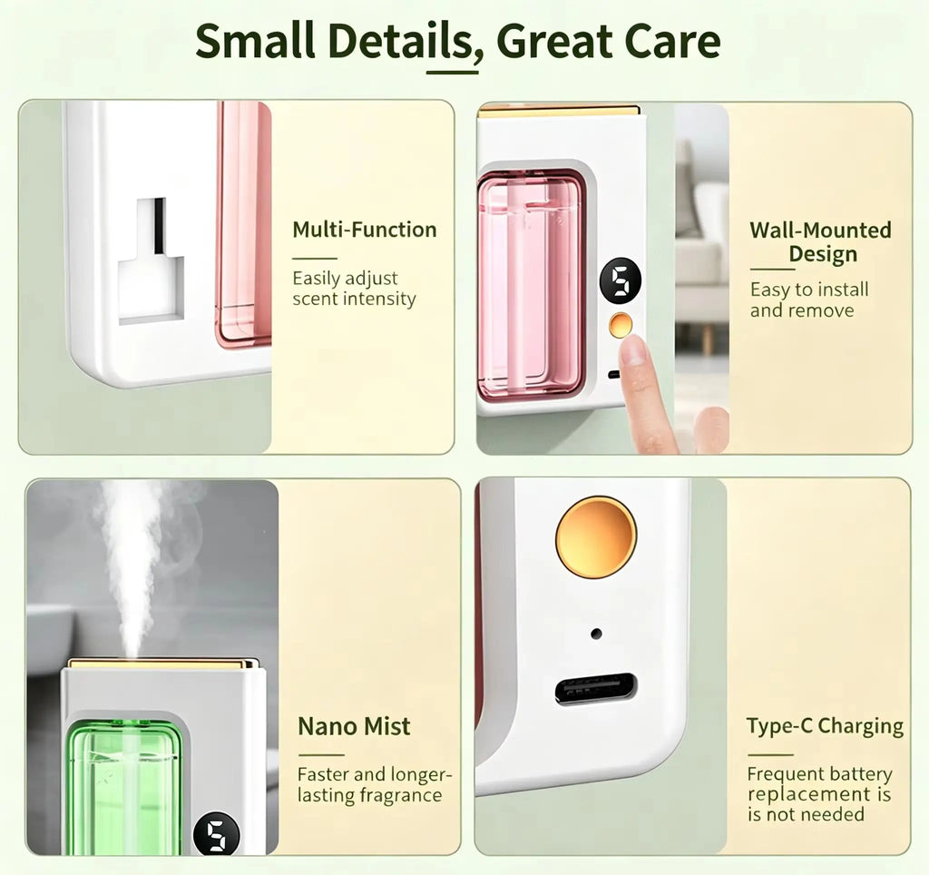 Type-C Rechargeable Automatic Aroma Diffuser with 5-Level Timed Mist Sprayer Built-in Battery for Home Bathroom Car Use