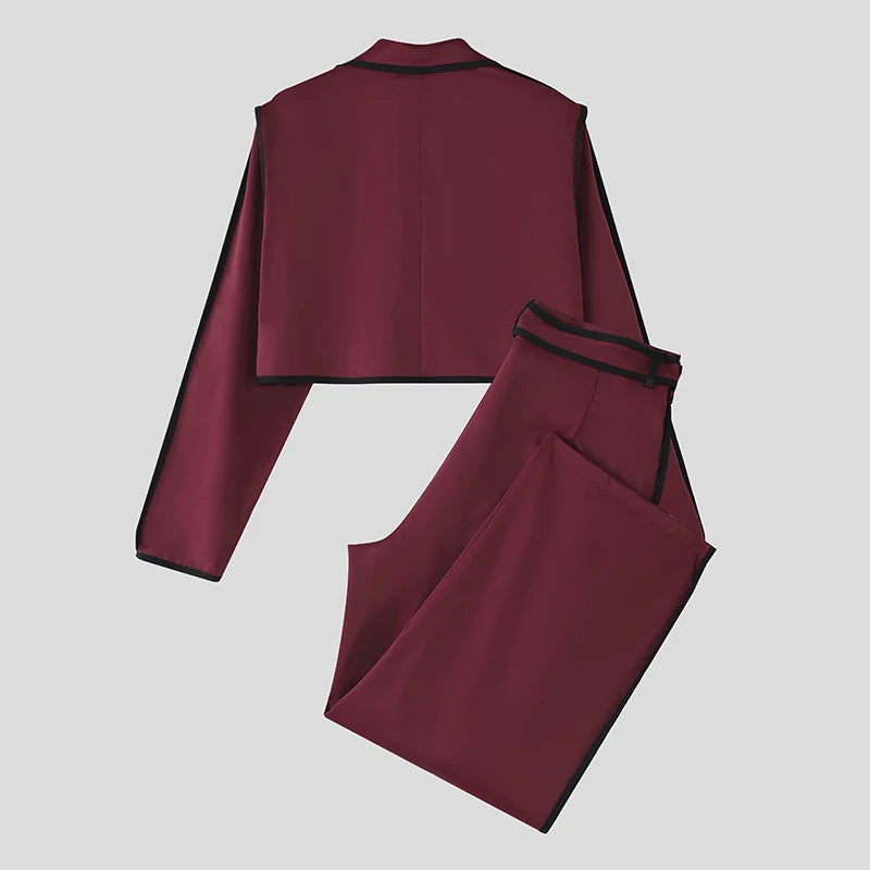 INCERUN Men Sets Patchwork Autumn 2025 Lapel Long Sleeve Crop Blazer & Pants Two Pieces Sets Streetwear Loose Fashion Men Suits