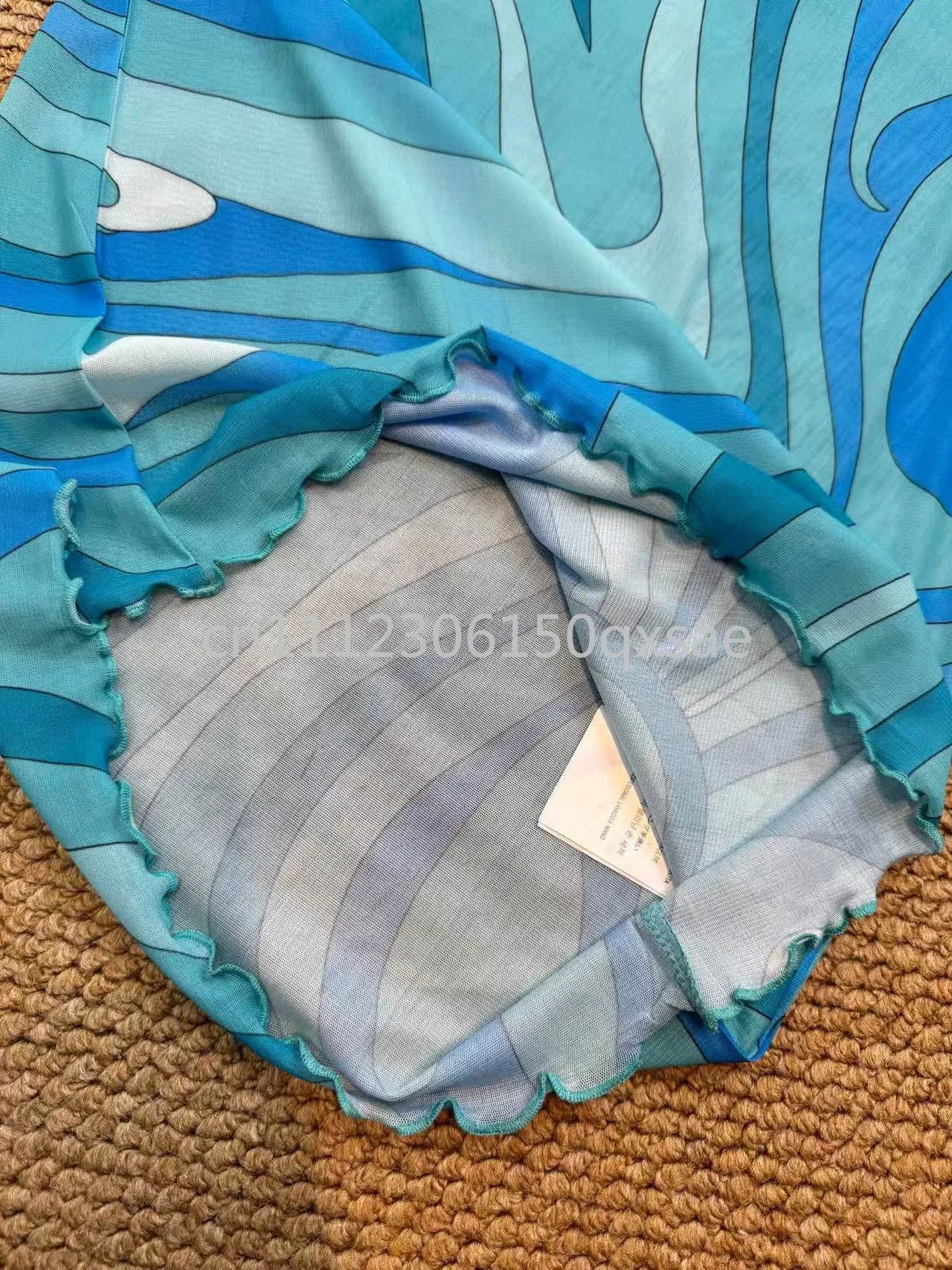 Fashion Design Women's Blue Mesh Dresses with Designer Signature Letter Logo Skirts Luxury Brand Women's Sexy Mesh Beachwear