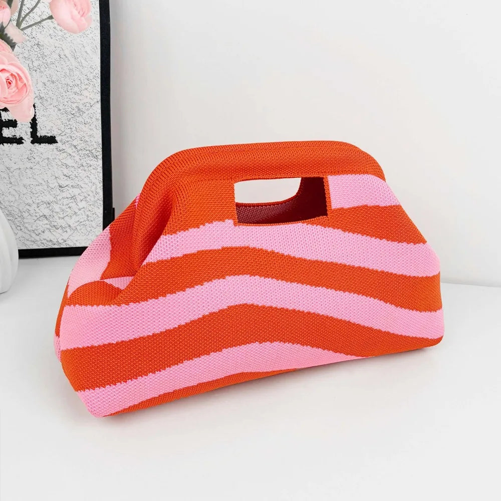 New Woven Bag Hollow-Out Striped Knitted Handbag Fly-Knitted Cloud Versatile Portable Cosmetic Bag