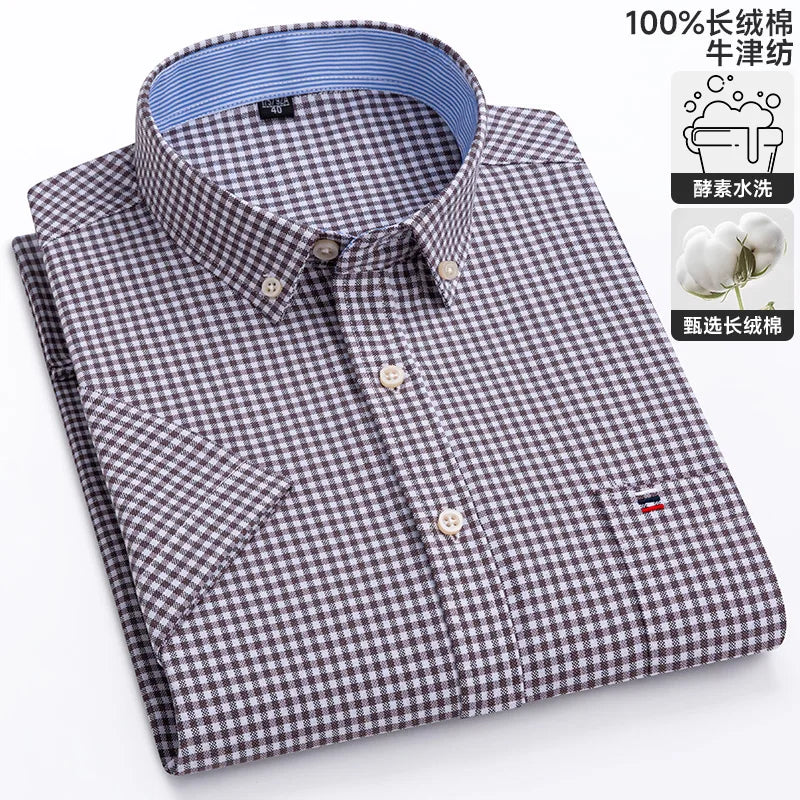 New 100% Cotton Oxford Men's Shirts Short Sleeve Plaid Soft Regular Fit Formal Dress Shirt Social Blouse Male Clothes 6XL 7XL