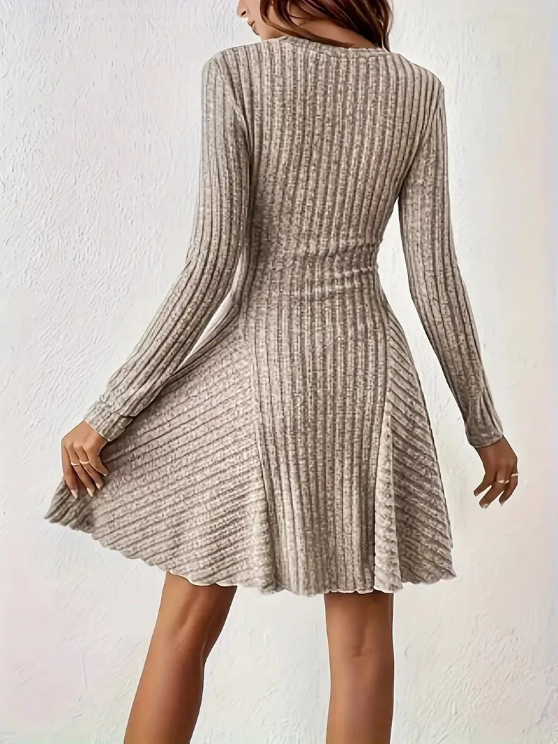 Women's V-Neck Knit Dress - Long Sleeve Swing Mini Dress, Elegant Bodycon Short Dress