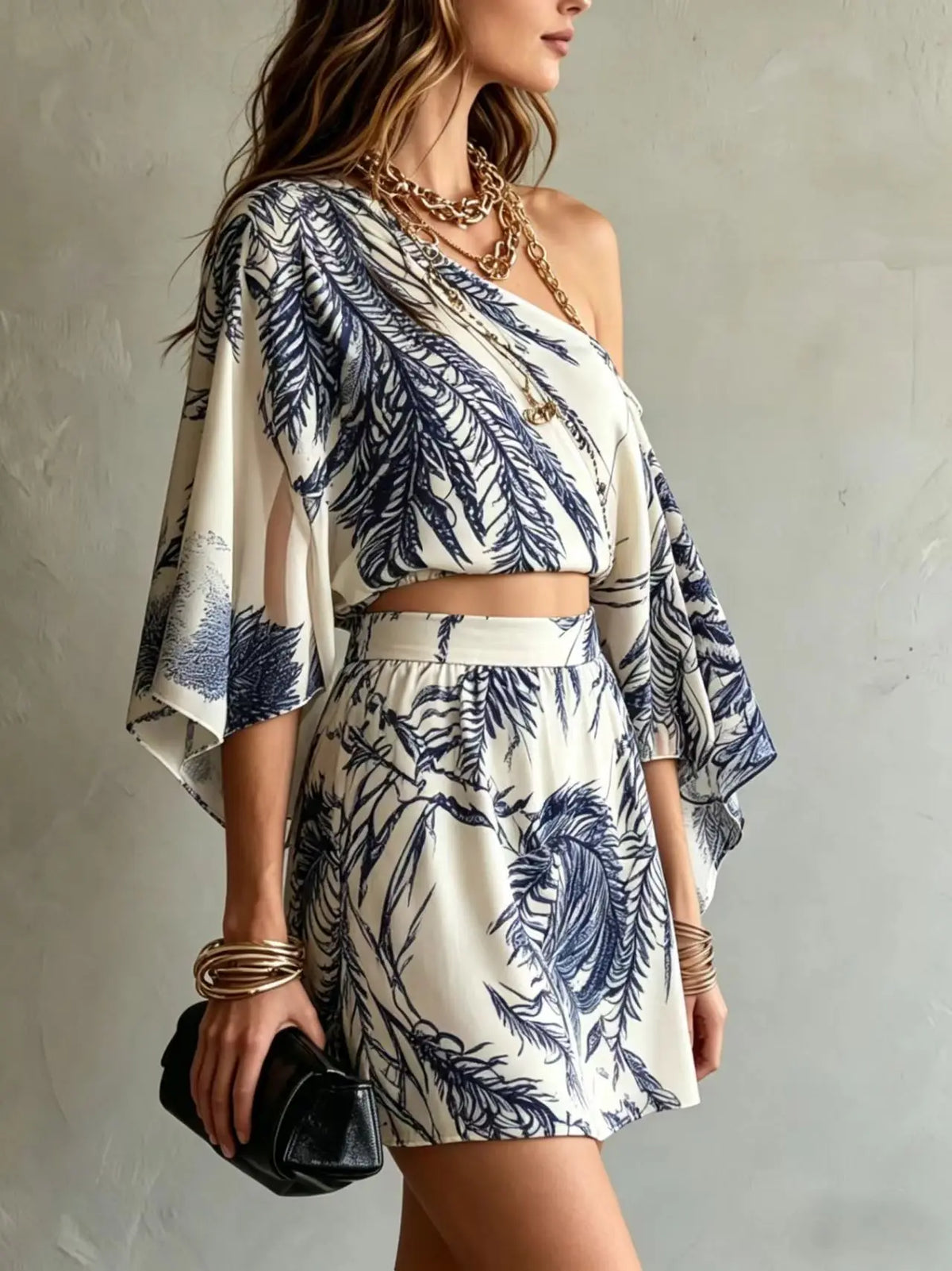 Bohemian style tropical leaf print off shoulder short top A-line short skirt vacation set for women