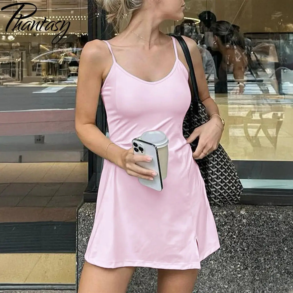 American Retro Women's Dress Fashion Solid Color Strap Mini Dress Sexy Pink Short Dress Lady Casual Streetwear Summer Clothing