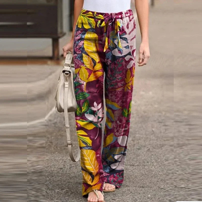 High Waist Drawstring Straight Women Pants 2024 Spring Fashion Loose Trousers Vintage Printed Casual Ladies Wide-Leg Long Pant