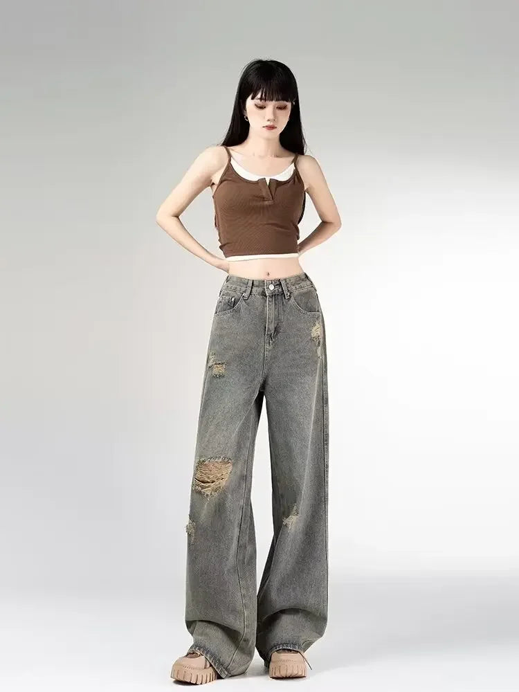 Women's Vintage Distressed Jeans High Waist Wide Leg Straight Denim Pants Loose Fit Summer Trousers 2025
