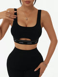 Women Ribbed U Neck Sports Bra Letter LOVE Print Band Mid Cutout Sleeveless Yoga Crop Top Gym Workout Fitness Tank Vest
