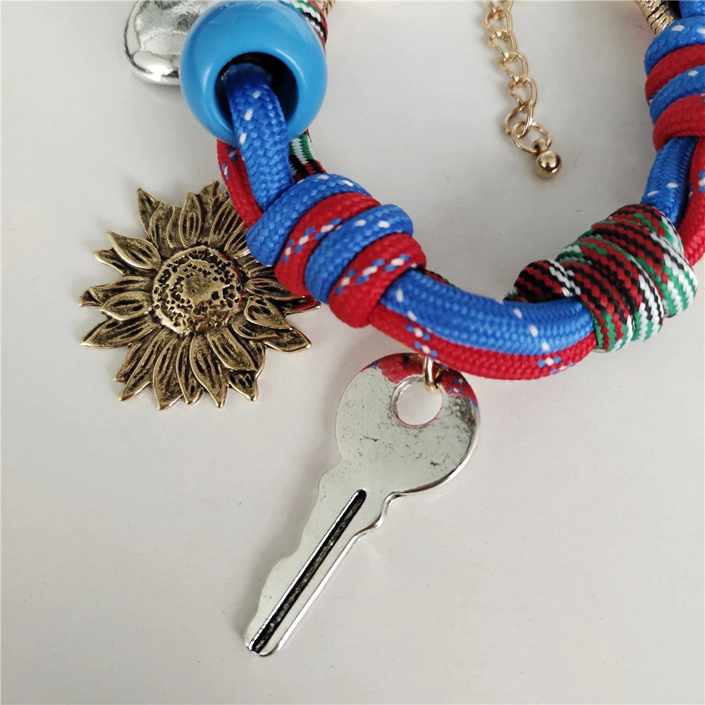 Fashion Trend Retro Sun Key Pendants Hand Woven Rope Choker Necklace Women Indian Ethnic Vintage Statement Necklace Lady Jewelry