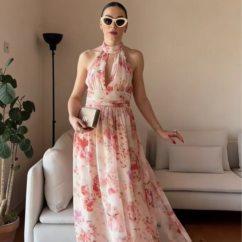 Floral Print Halter Maxi Dress Women Spring V Neck A Line Vacation Vestidos Backless Sleeveless Robes 2026 NEW Lady Long Dresses