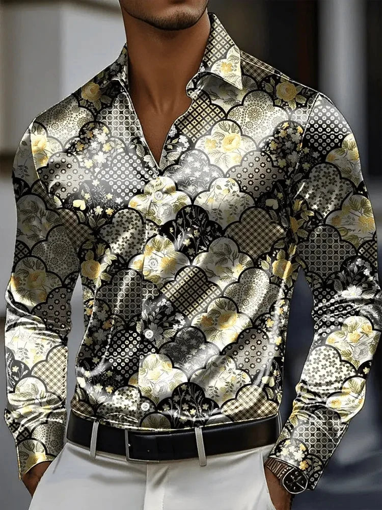Men's Shirt 3D Vintage Chain Print Polyester Fabric Outdoor Street Long Sleeve Button Clothing Fashion Street Style Design