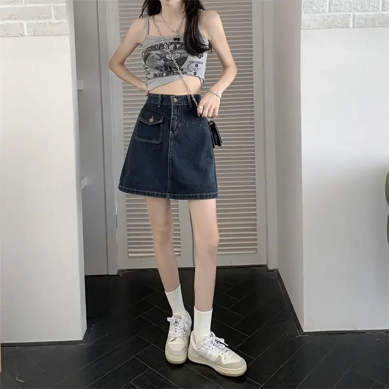 Women's Denim Skirt Retro Blue High Waist Female Jeans Skirts Streetwear Premium Modest Korean Fashion Stylish A Line Vintage
