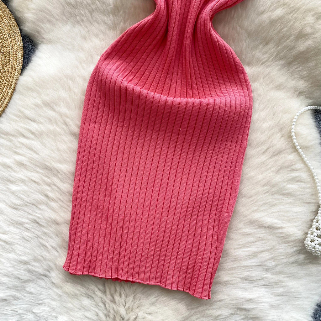 2025 New Pink Solid Button Front Spaghetti Dress Sexy Knit Slash Neck Mini Dress Bodycon Women's Clothing Outfits Ruffles