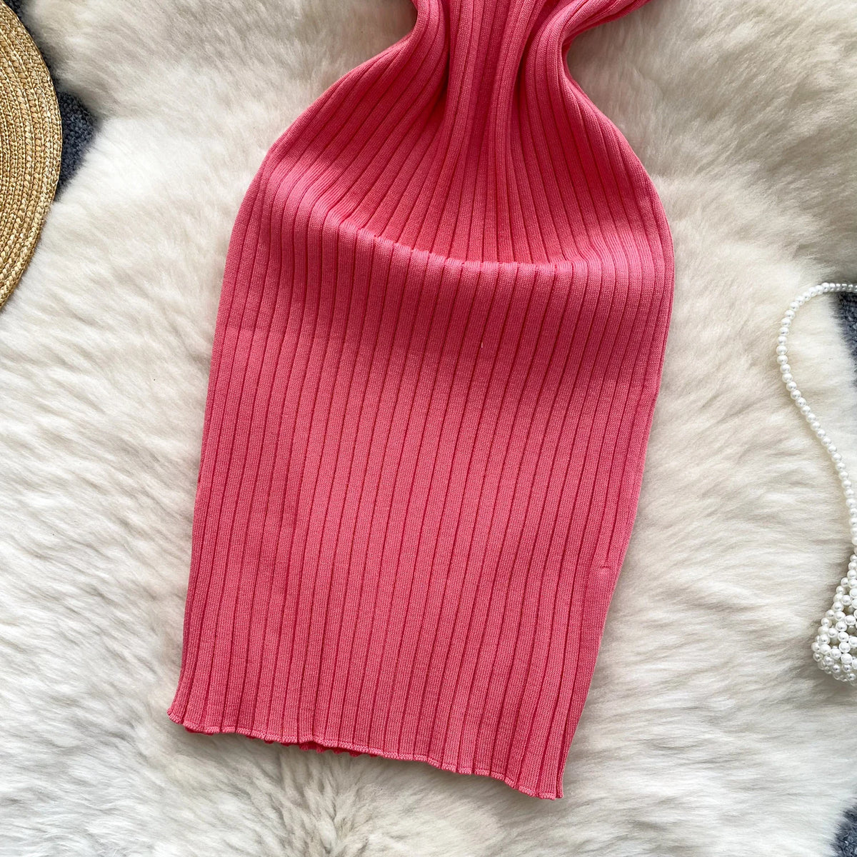 2025 New Pink Solid Button Front Spaghetti Dress Sexy Knit Slash Neck Mini Dress Bodycon Women's Clothing Outfits Ruffles