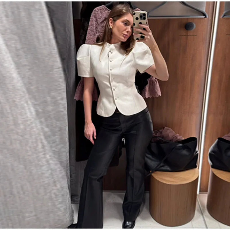 Solid Satin Lace V-Neck Puff Sleeve Blouse Curved Hem Slim Fit 2026 Summer Glam Women Satin Shirt Parisian Versatile Lady Blusa