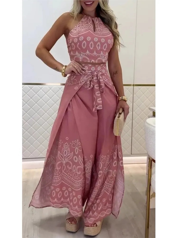 Summer New Fashion Printed Casual Loose Suit Literary Retro Sleeveless Halter Top Wide-leg Pants Commuting Two-piece Sets