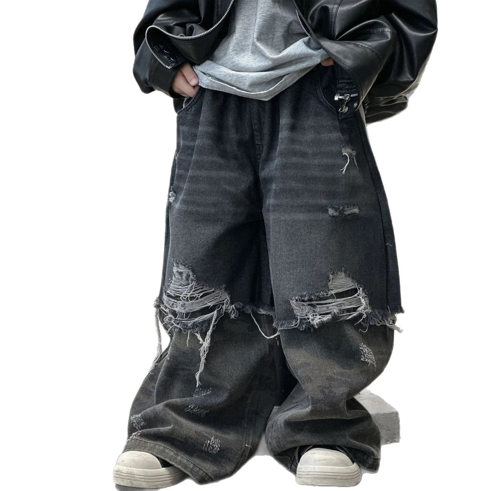 2025 New Boys' Cool Ripped Jeans Wide-leg Trousers American Retro Children's Trousers