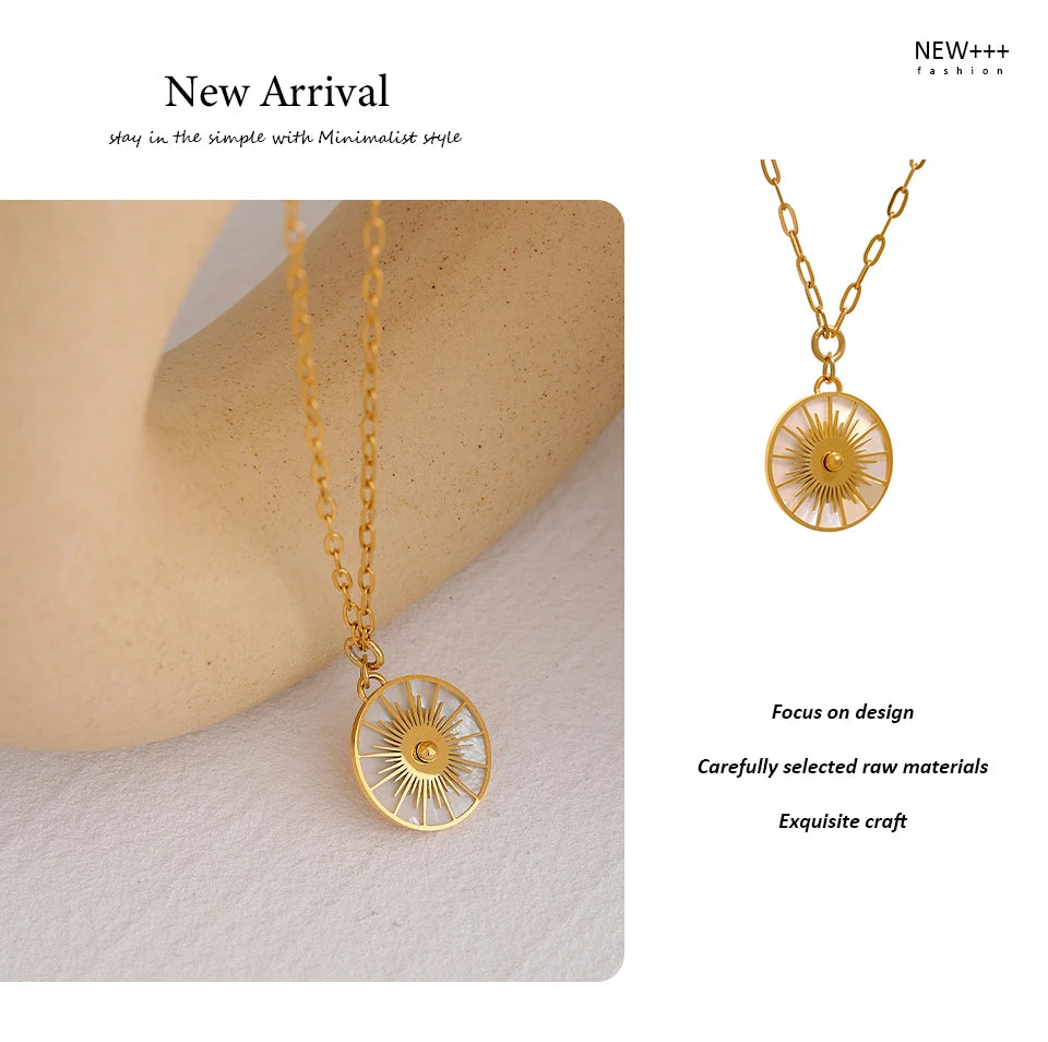 Yhpup Big Round Geometric Short Chain Statement Necklace Stainless Steel Golden Shell Fashion Vintage Pendant Collier PVD-Plated