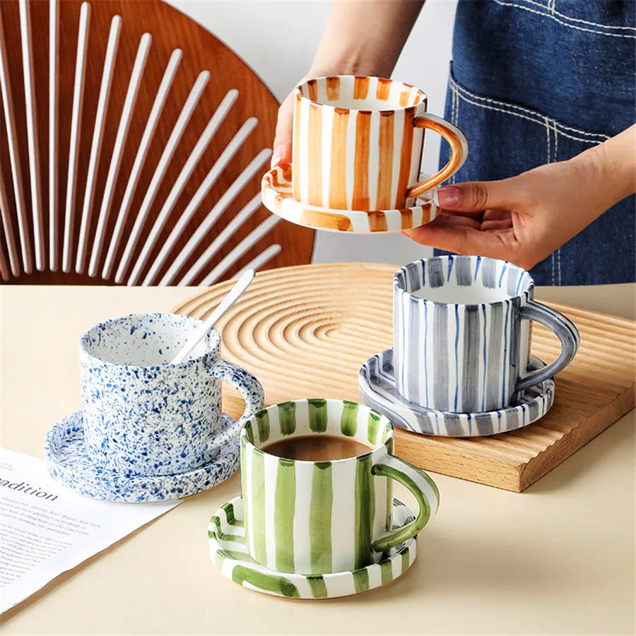 280ml/9.5oz afternoon tea coffee cup, Minimalist striped hand drawn cup and plate set, ceramic milk coffee cup, household drinki