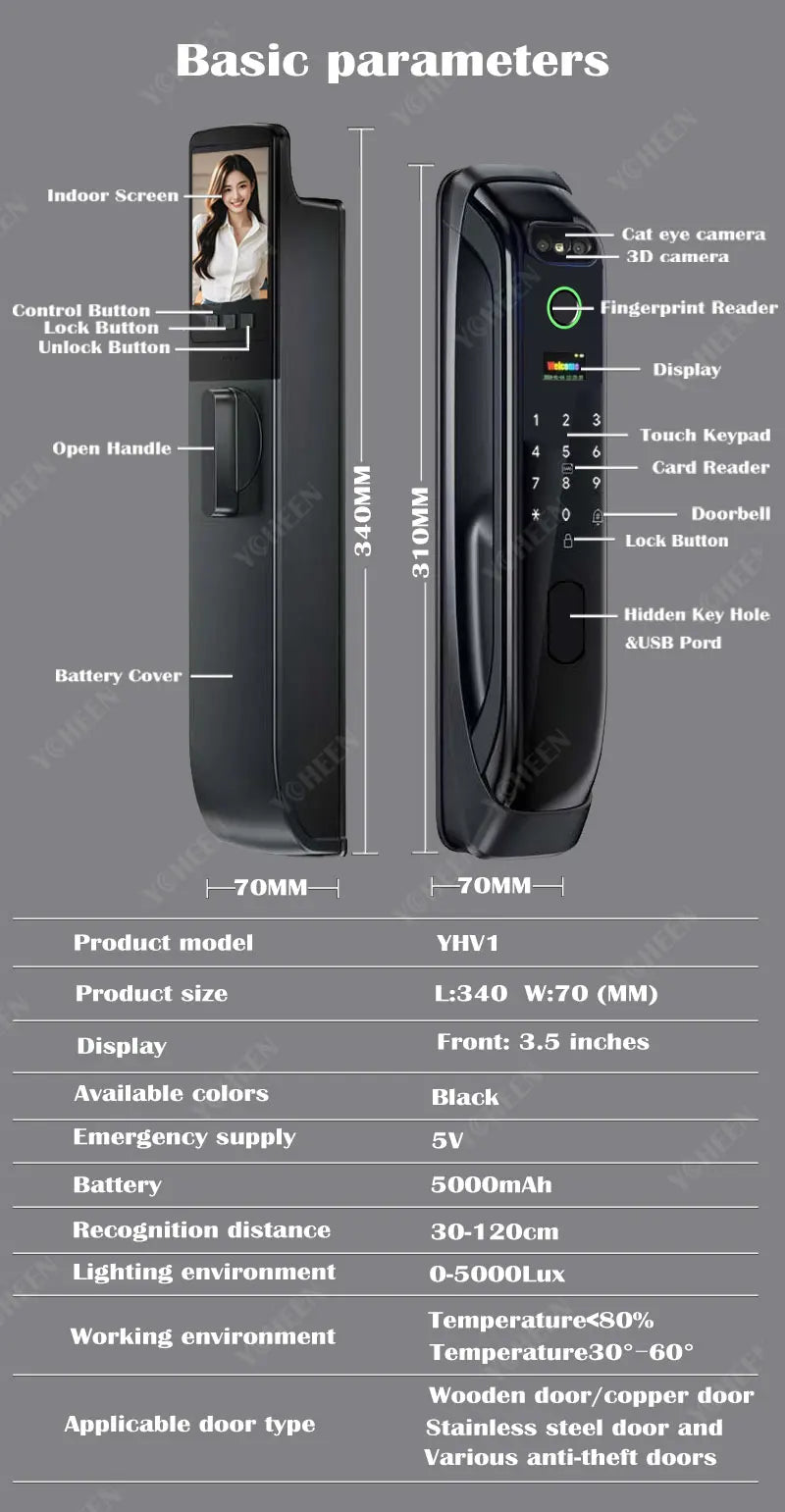 Tuya WiFi Video Intercom 3D Face Recognition Smart Lock, Biometric Camera Auto Keyless Lock for 5050 5072 5572 4585 6085 Mortise