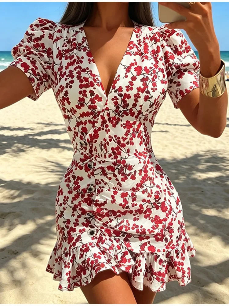 Floral Printed Wrap Mini Dress Ladies V Neck Bubble Sleeve Side Ruched Detail Tiered Ruffle Hem  Vacation Cocktail Party Outfit