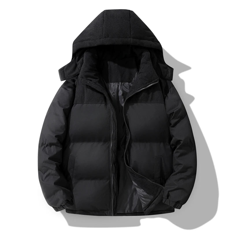 Men's  Block Corduroy Hooded Puffer Jacket Full Zip Thick Warm Winter Coat Loose Windproof Casual Outerwear With Side Pockets