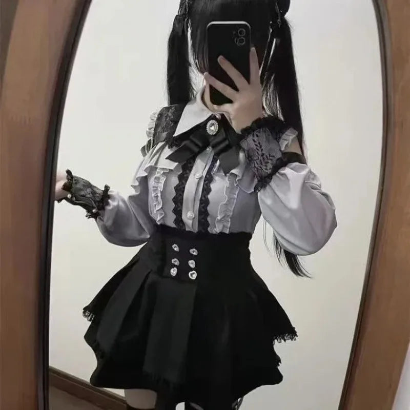 Japanese Style Lolita 2 Piece Set Y2k Mini Skirt Woman Harajuku Sweet Kawaii Print Dress Tops Korean Fashion Elegant Dress