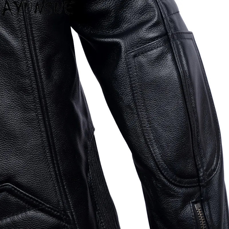 AYUNSUE Pure Cowhide Men Leather Jacket Fashion Stand Collar Short 100% Genuine Cow Leather Real Jacket Slim-fit Motorcycle Wear
