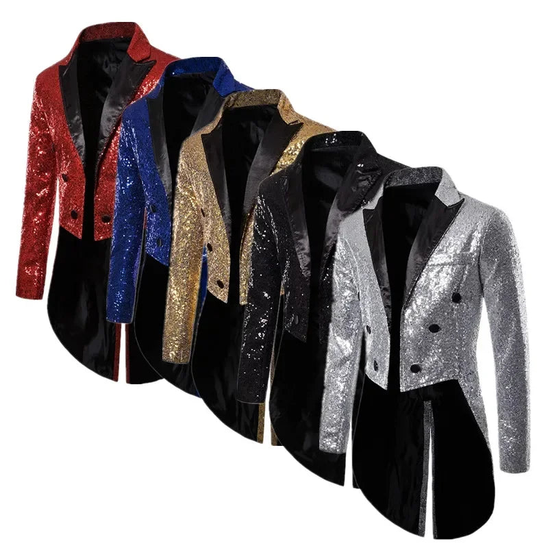 Fashion Men Luxurious Sequin Suit Jacket Black / Red / Silver Male Business Wedding Party Double Breasted Tuxedo Dress Blazer
