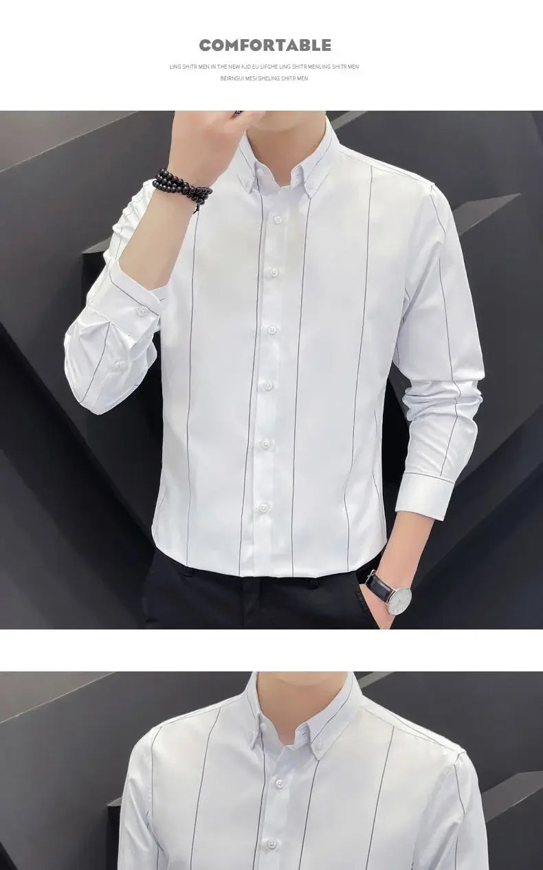 Stylish Men's Striped Shirt Printed Casual Business Dress Shirts Long Sleeve All-Match Slim Fit Fashion Korean Streetwear Shirts