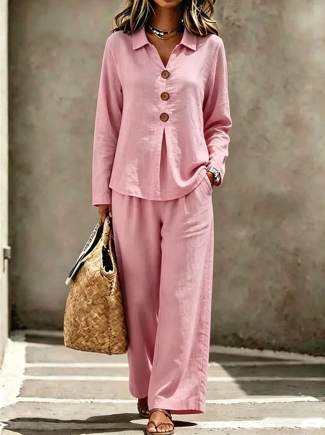 Women Solid Casual Two-piece Sets Autumn Lapel V-neck Button Long Sleeve Shirt Top & Wide-leg Pants Suit 2026 Commuting Outfits