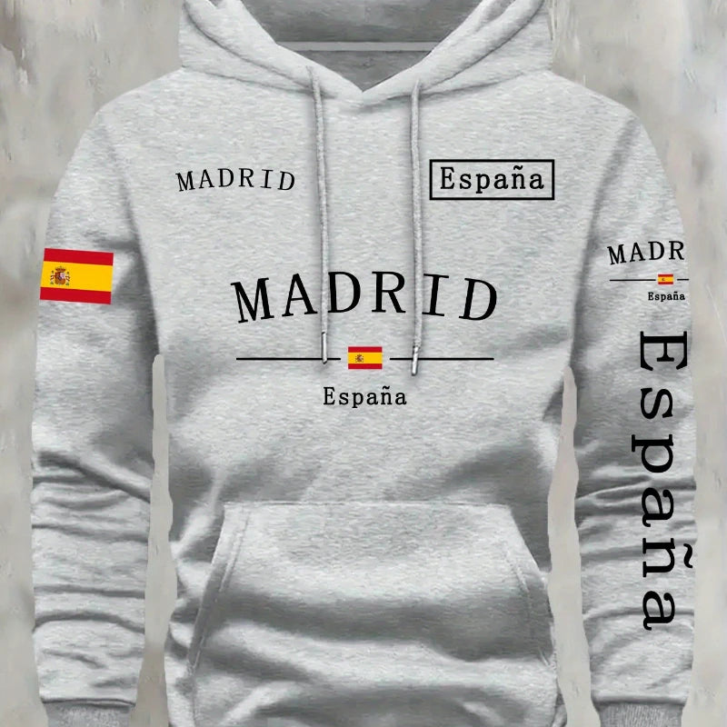 Spanish Flag Madrid Print Men Women Hooded Sweatshirt Autumn Winter Daily Outdoor Vacation Fitness Casual Loose Warm Sportswear