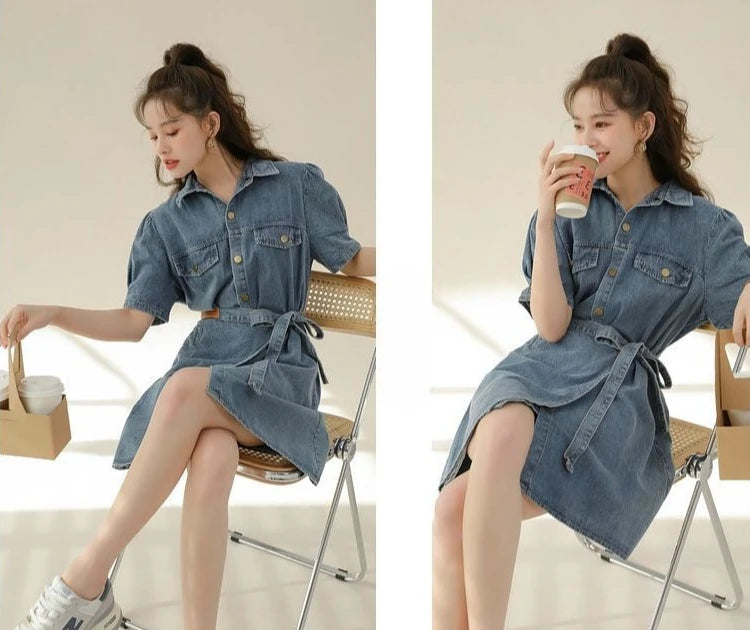 2026 Summer New Slimming Short Sleeve Midi Denim Dress Stylish Trendy Waist Cinching Women's Popular Wear