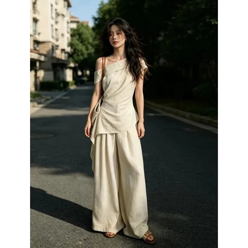 Summer Fashion Set Women's Side Shoulder Short Sleeve T-Shirt And Wide Leg Pants Two-Piece Suit Elegant And Stylish OOTD