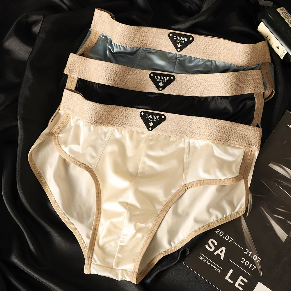 3PCS/Pack Luxury Satin-like Men's Briefs Ice Silk Hygroscopic Breathable Mesh Crotch Panties Soft High Elastic Man Underwear