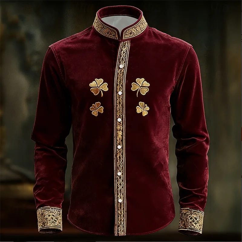 New Men's Floral Long Sleeved Shirt with Gold 3D Clover Print, Fashionable and Luxurious Long Sleeved Shirt Top