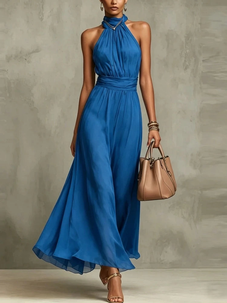 Elegant Chiffon Dress 2026 Fashion New Women Solid Halter Maxi Dress Sleeveless High Neck Ruched Waist Evening Party Dress