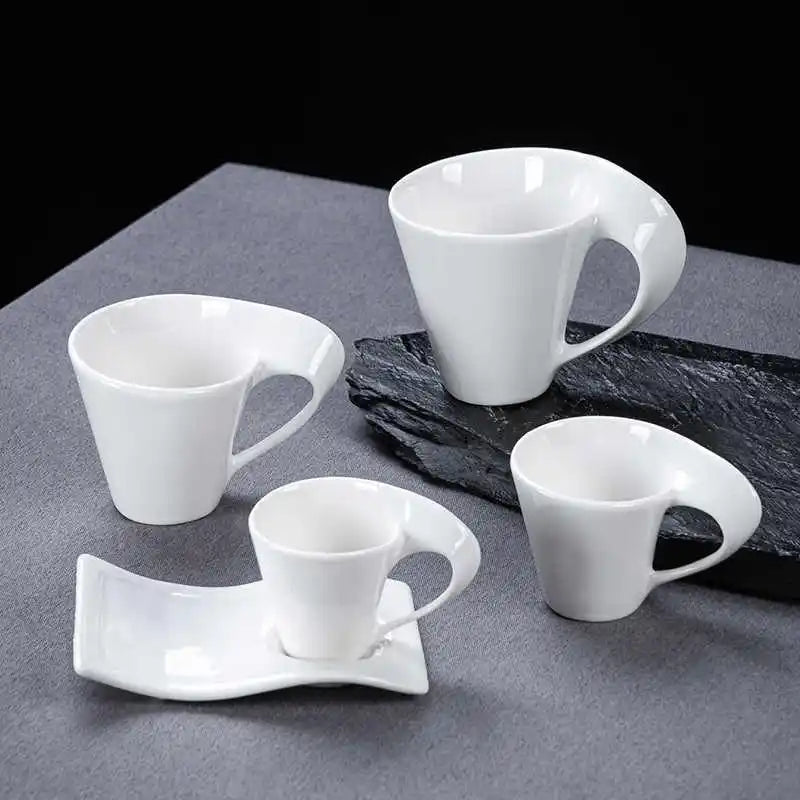 European Ceramic CoffeeCups Set with Wave Shape Plate 80 100 180 and 280ml Modern Minimalist White Cappuccino Latte Dessert Dish