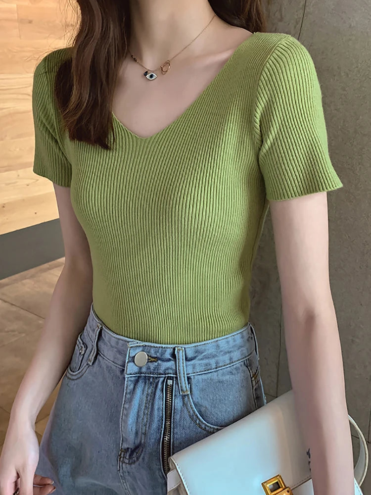 Pullover knitted Short Sleeve knitted Sweater Women Spring Summer Slim Basic Solid Casual Base Female knitting shirts 2024 Korea