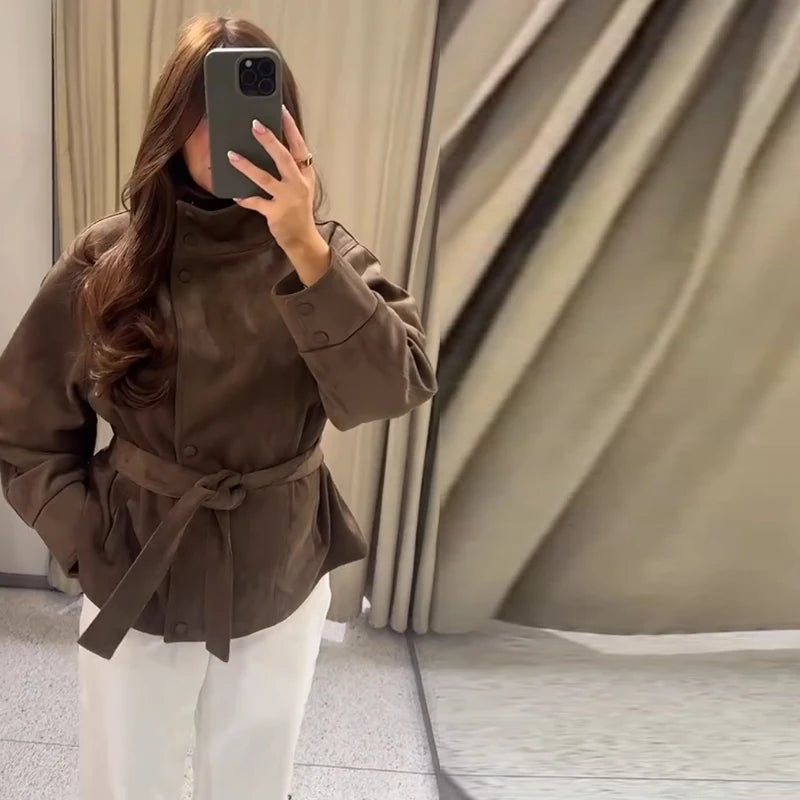 Faux Suede Women Winter Jacket Belted Waist Autumn Coat Stand Collar Short Jacket Cargo Jacket Daily Commute Wear Street Style